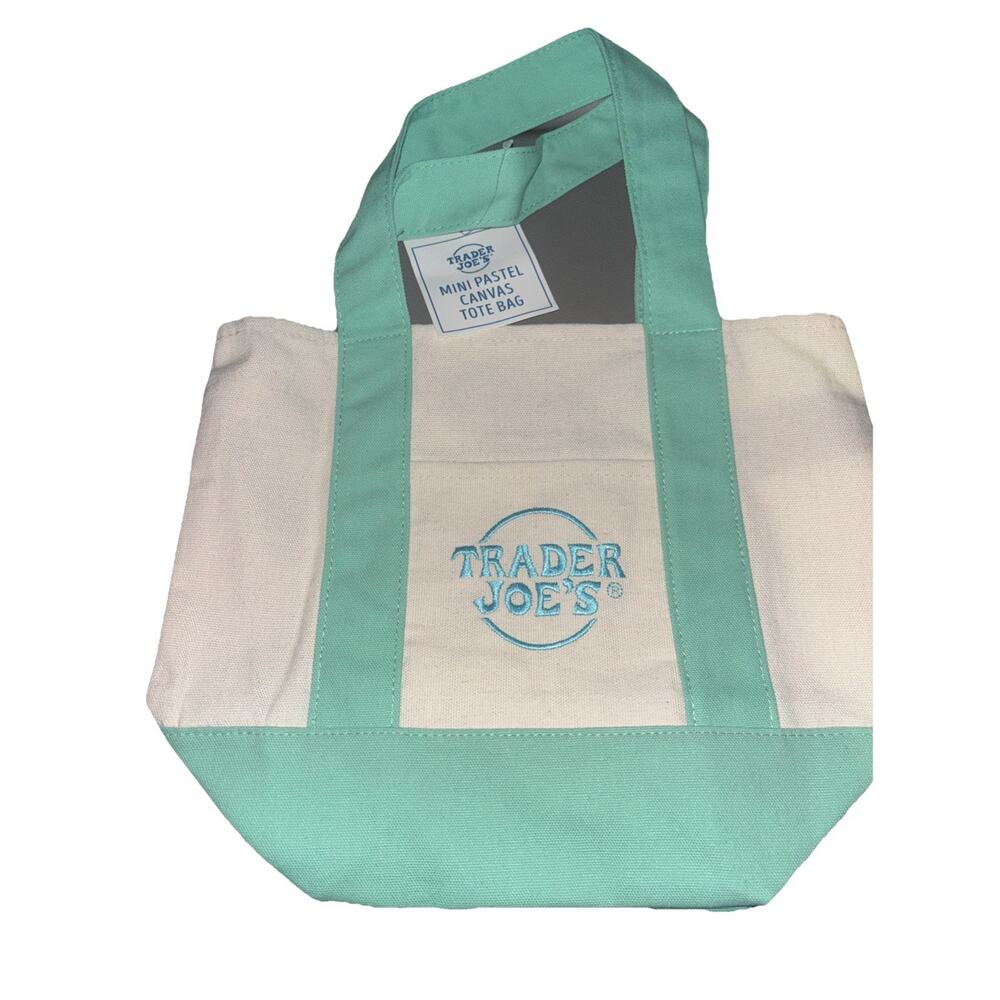 Trader Joe's NEW GREEN Embroidered PASTEL MINI CANVAS REUSABLE 1 TOTE BAG